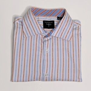 Johnny Fly Orange & Blue Stripe Button Front Collard Casual Work Shirt XL